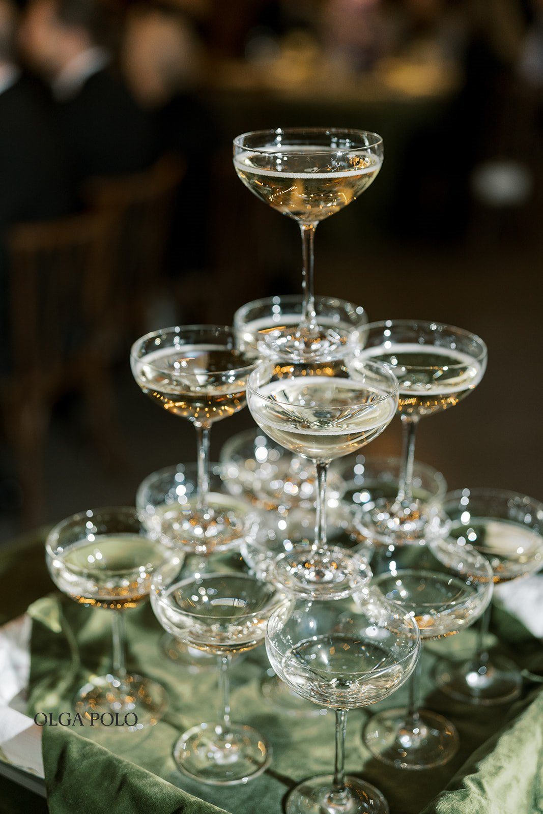 Champagne tower detail during Maia and Troy's reception