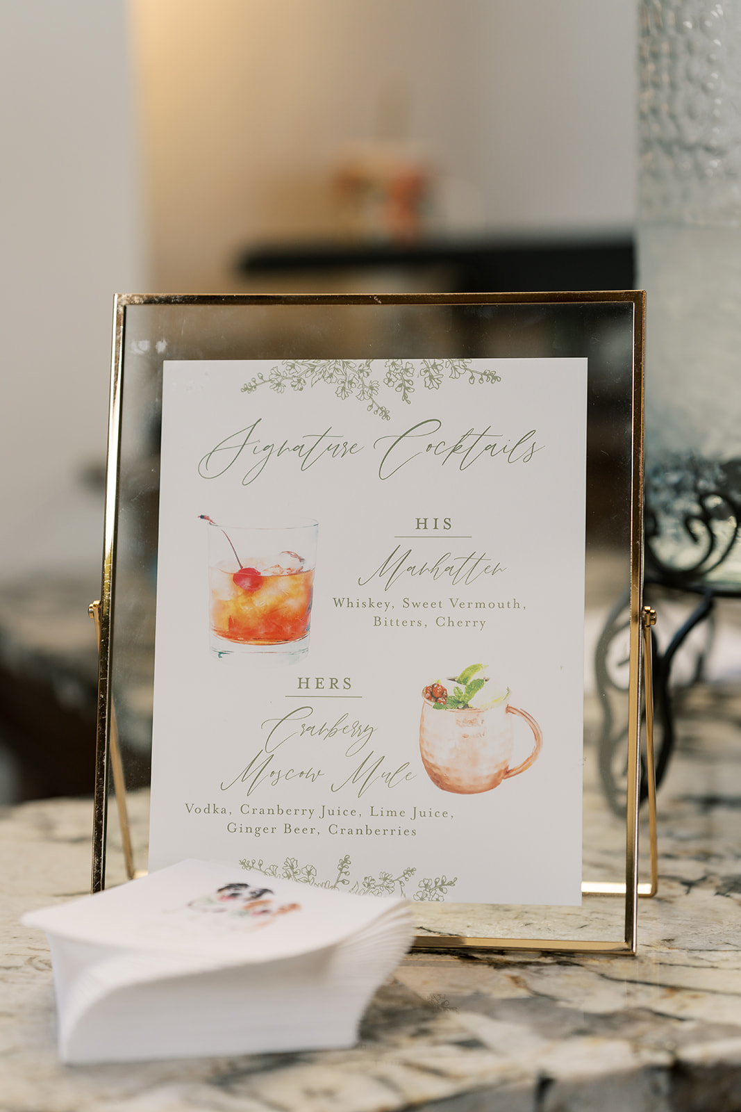 Signature cocktail menu displayed during Ronnie and Patrick's wedding reception