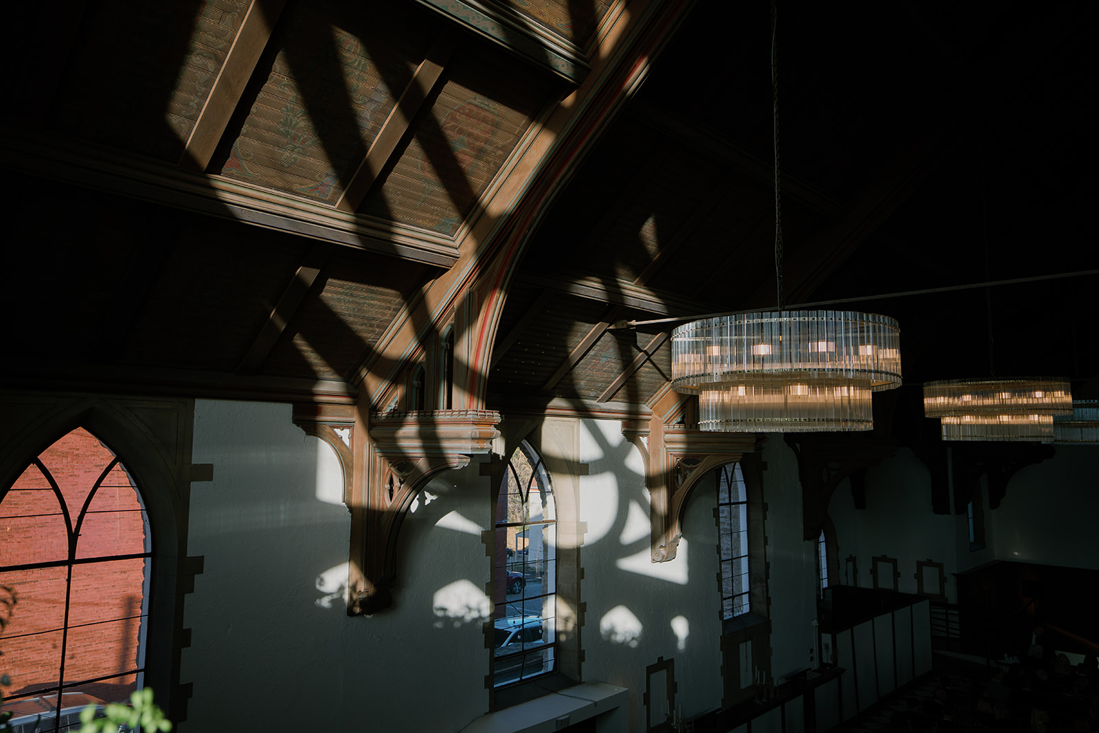 Architectural light and shadow inside The Palomar Cincinnati during the wedding day