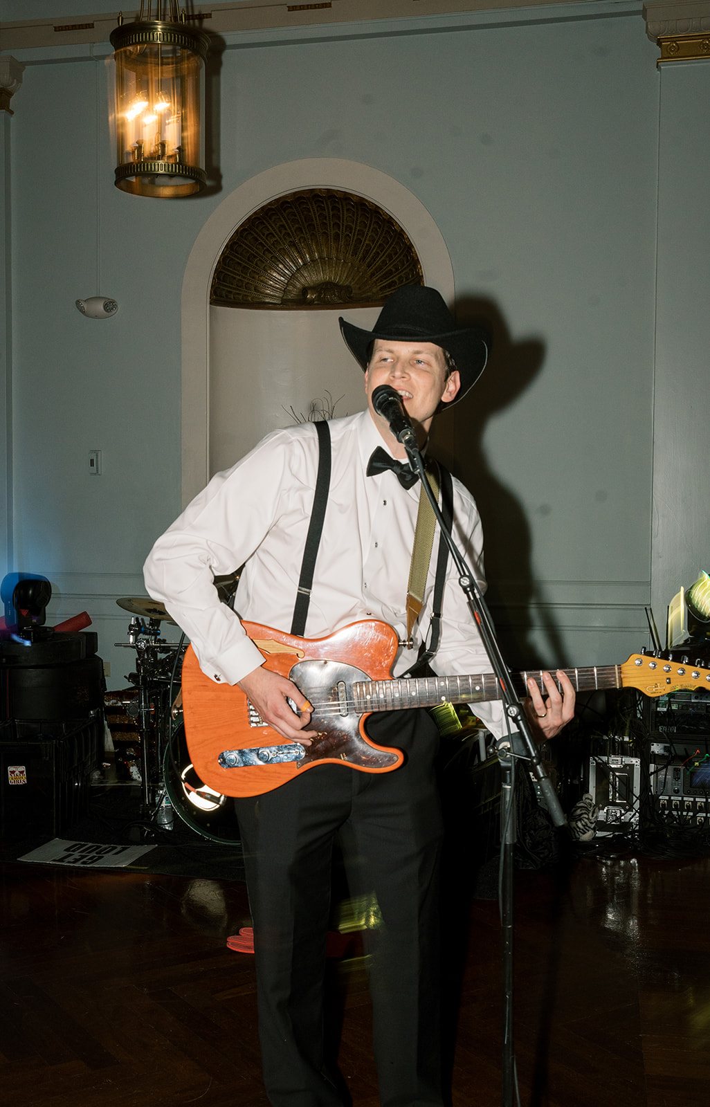 Andee & Quinn wedding at The Cincinnati Club: live band guitarist cowboy hat.