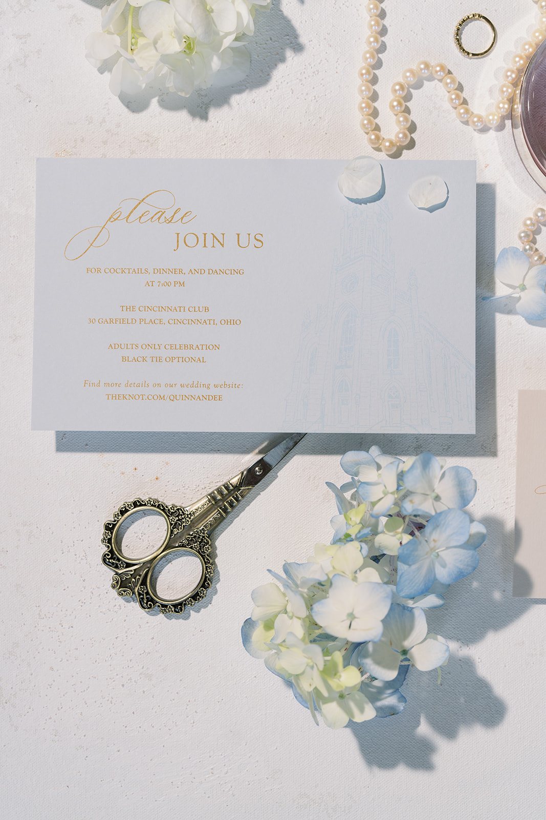 Andee & Quinn wedding at The Cincinnati Club: invitation suite blue hydrangea.