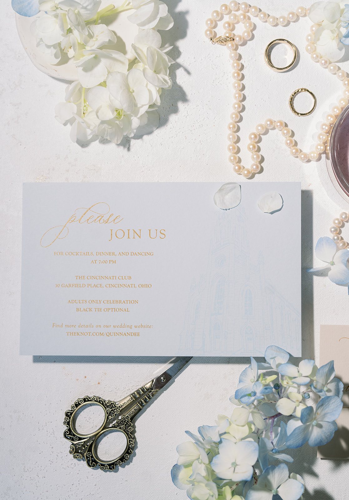 Andee & Quinn wedding at The Cincinnati Club: invitation key blue florals.