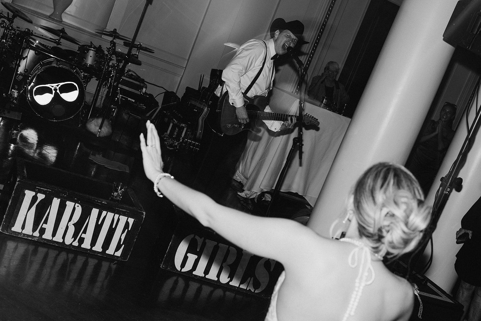 Andee & Quinn wedding at The Cincinnati Club: karaoke dance floor black white.