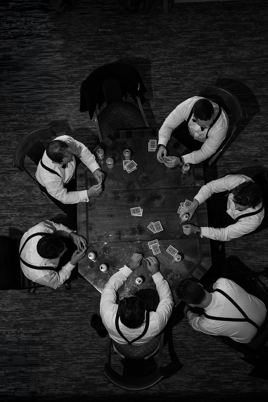 Andee & Quinn wedding at The Cincinnati Club: wedding party overhead black white.