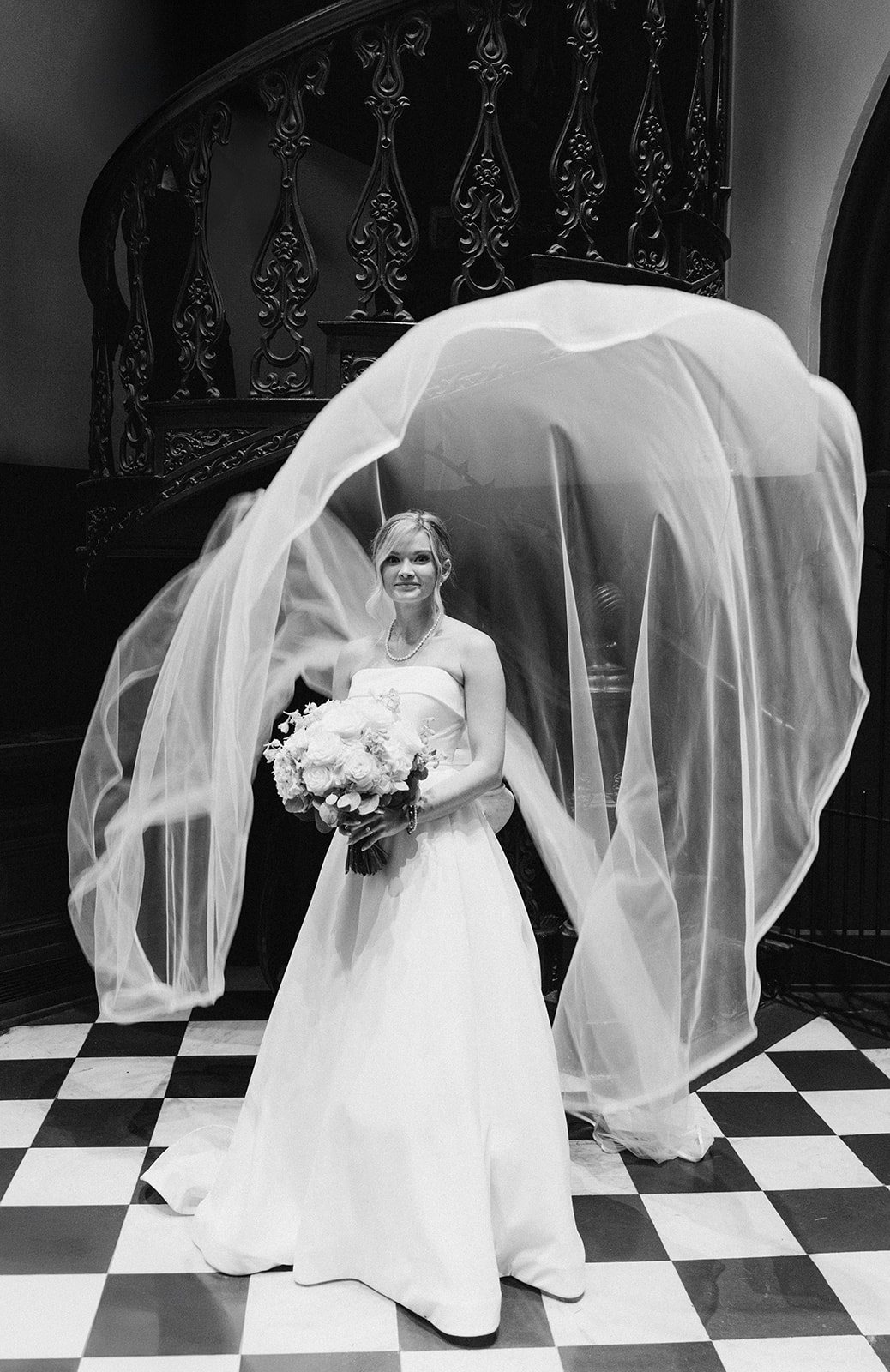 Andee & Quinn wedding at The Cincinnati Club: bride veil portrait black white.