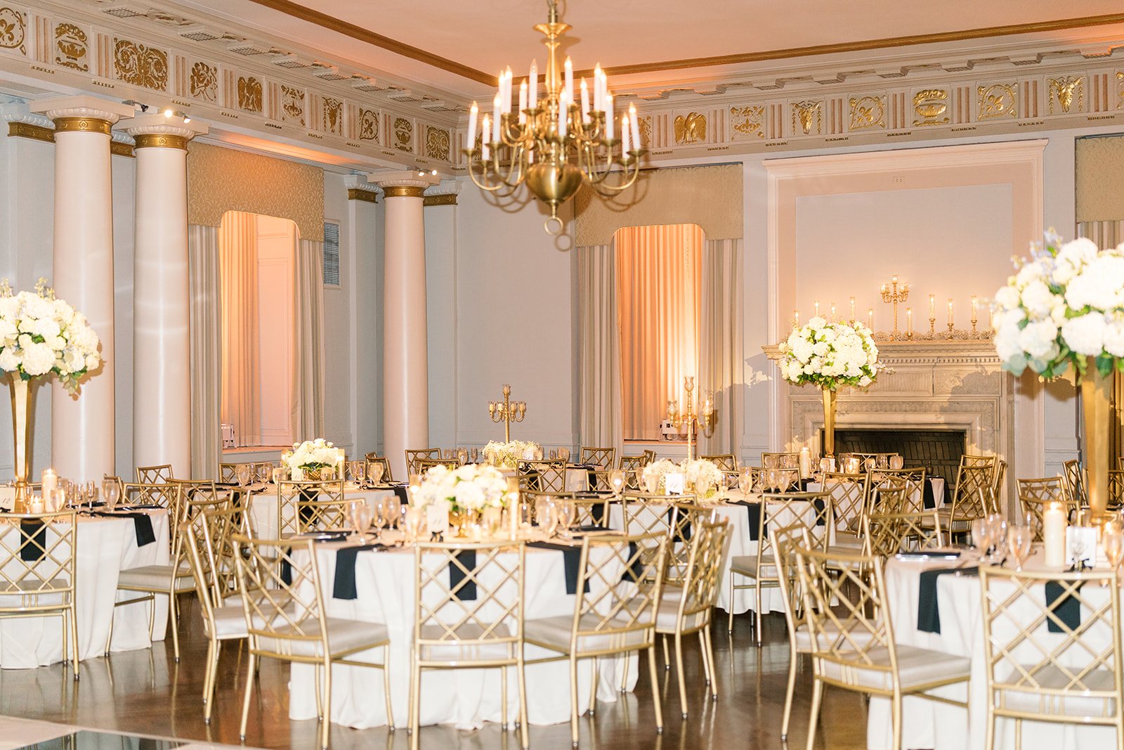 Wide view of Andee and Quinn's wedding reception room at The Cincinnati Club