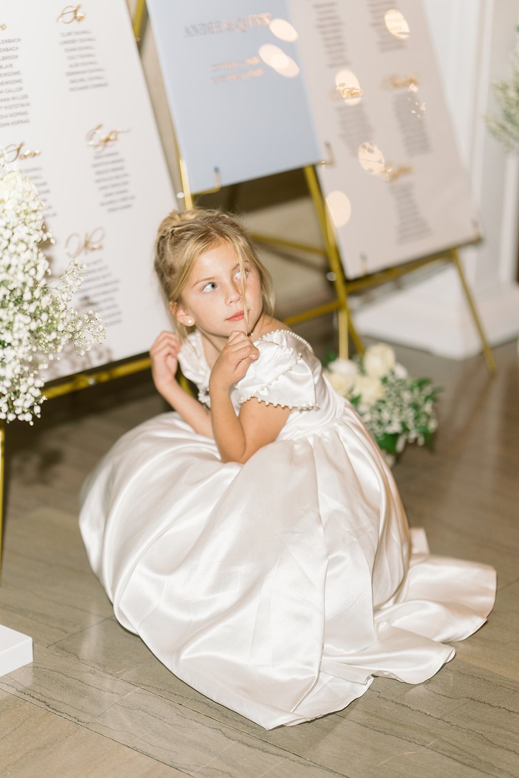 Andee & Quinn wedding at The Cincinnati Club: flower girl by seating chart.