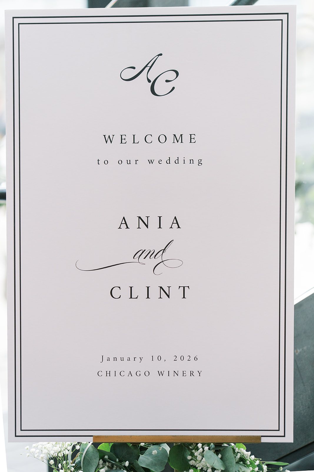 Welcome sign for Ania and Clint's wedding at Chicago Winery