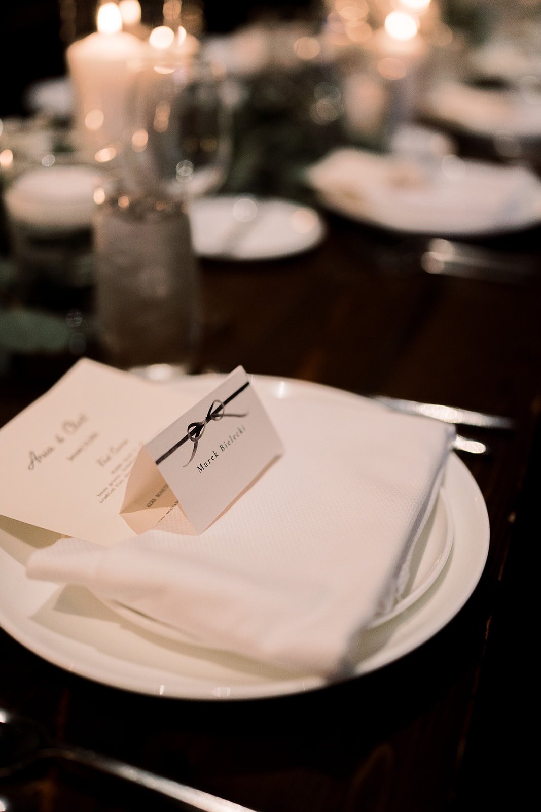 Clint and Ania wedding: reception place setting.