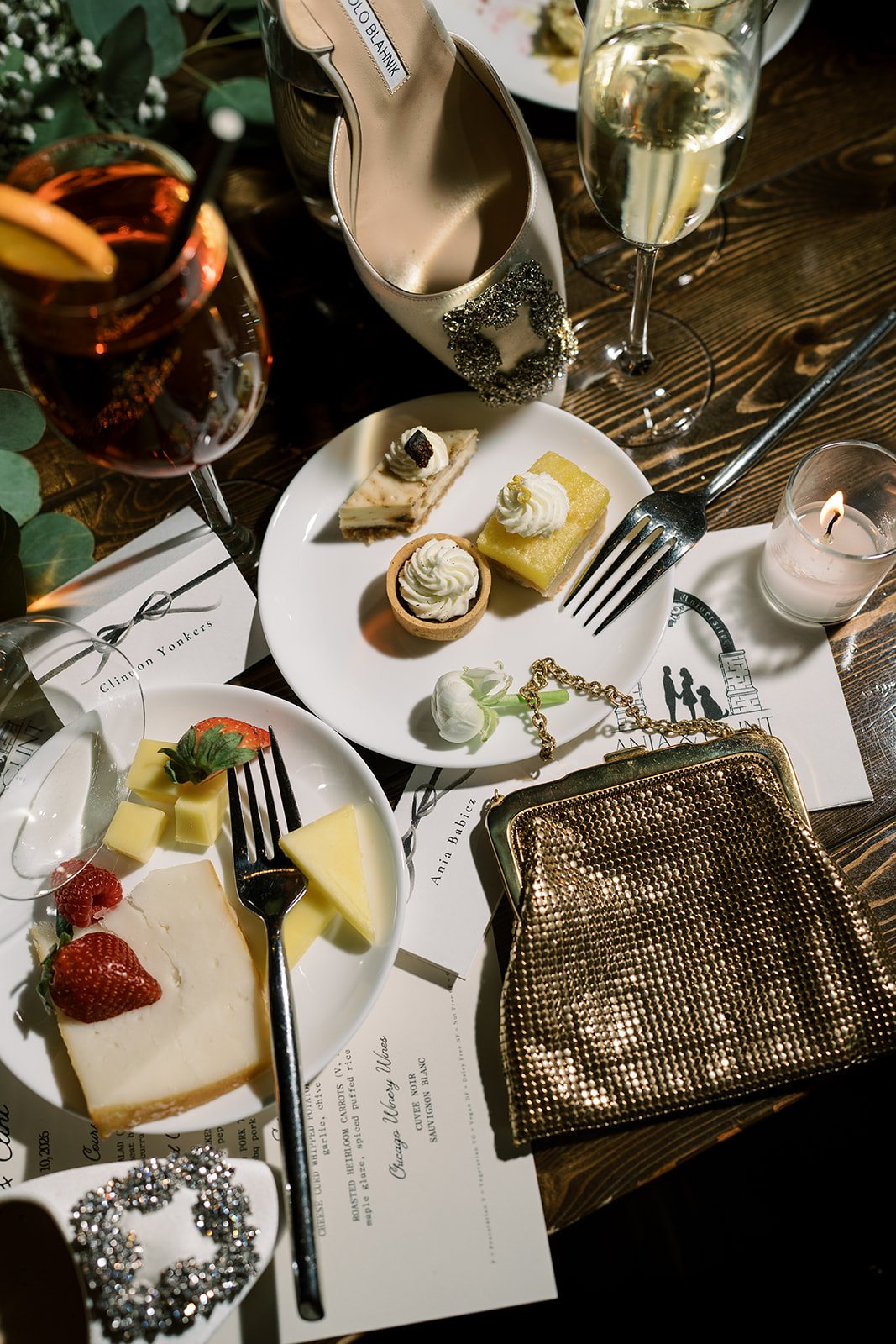 Clint and Ania wedding: reception table flatlay.