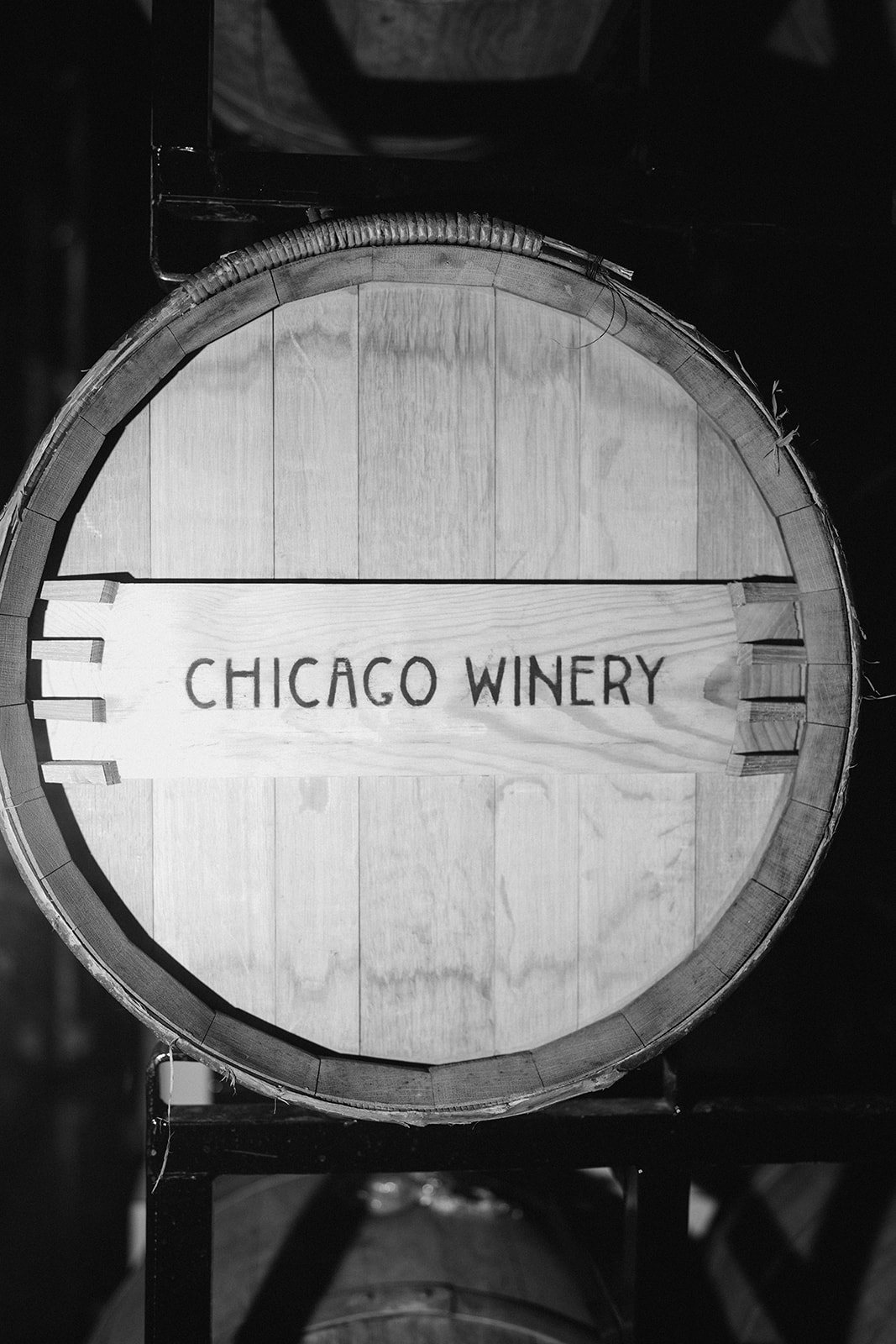 Clint and Ania wedding: chicago winery barrel sign.