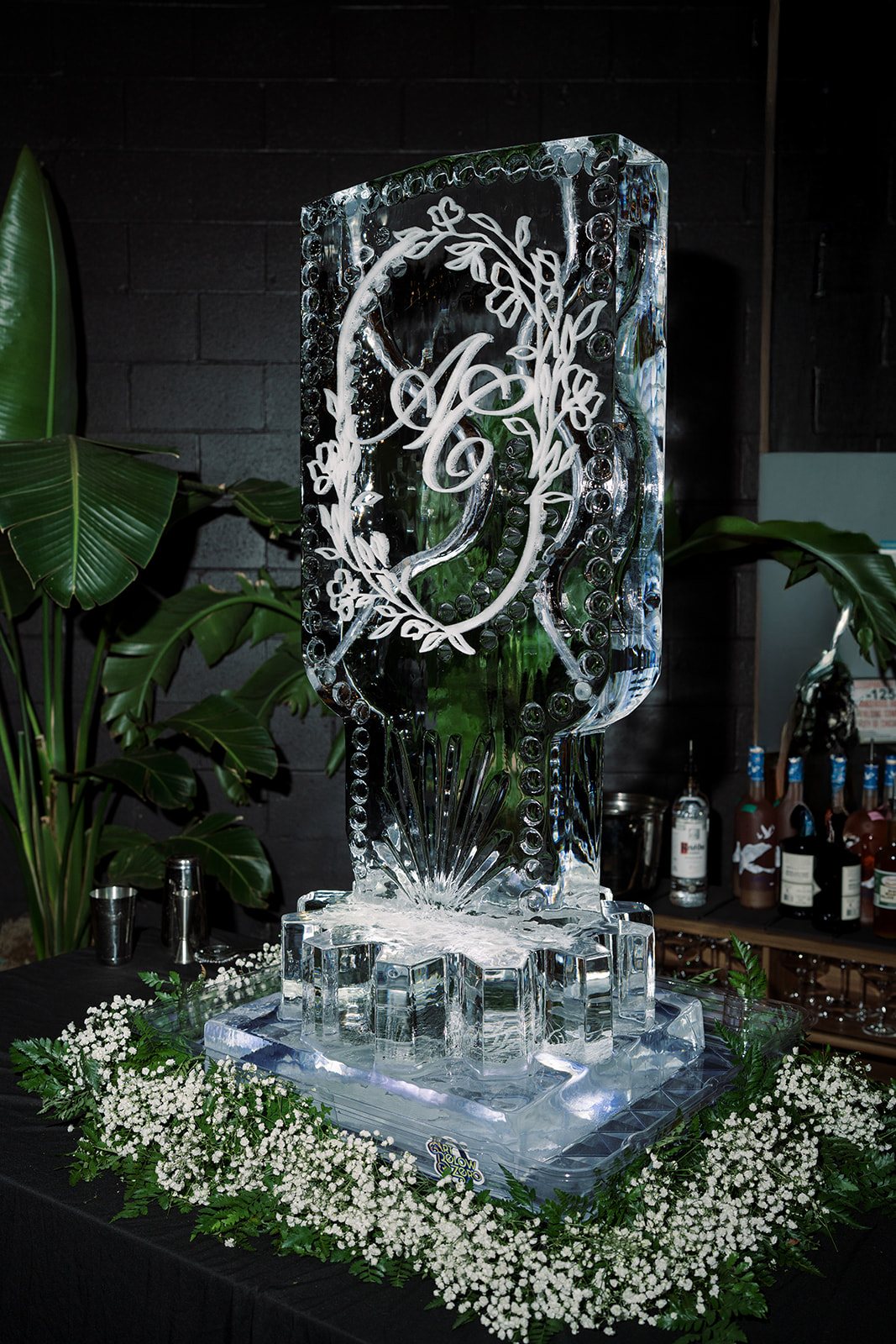 Clint and Ania wedding: ice monogram detail.
