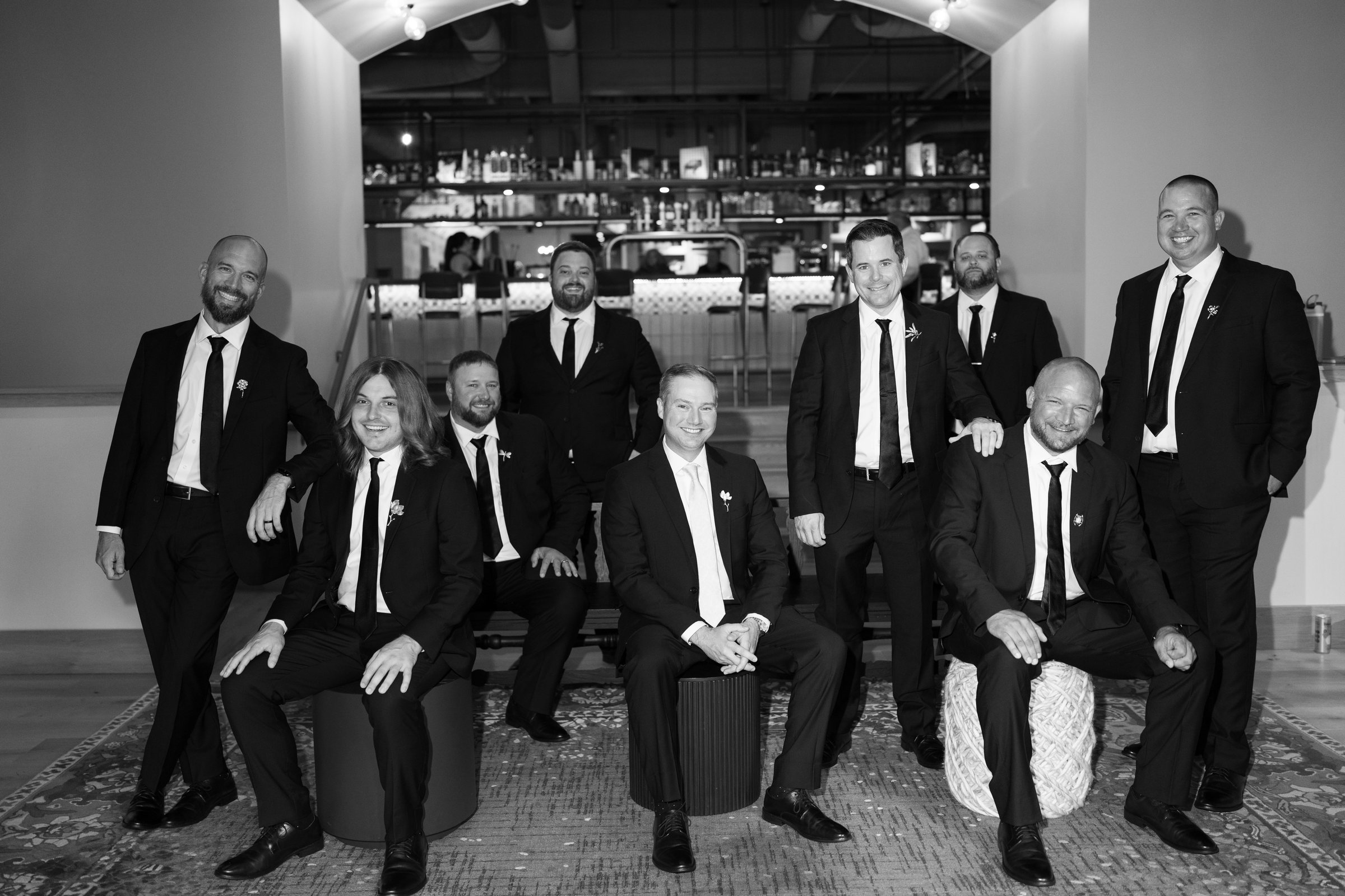 Kent and Nicolette wedding: groom wedding party group portrait.
