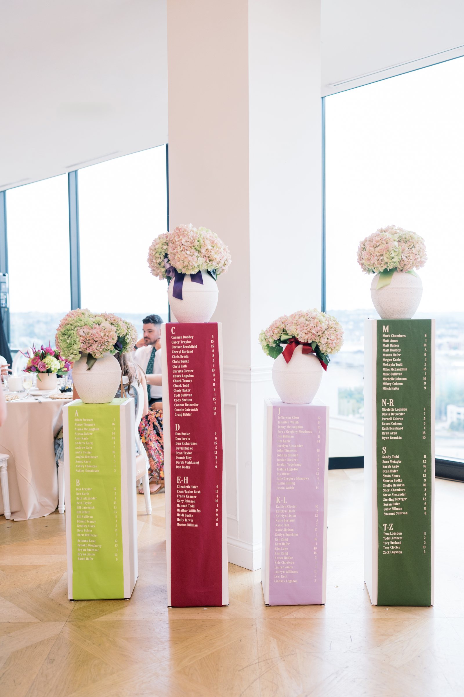 Kent and Nicolette wedding: colorful escort card display.