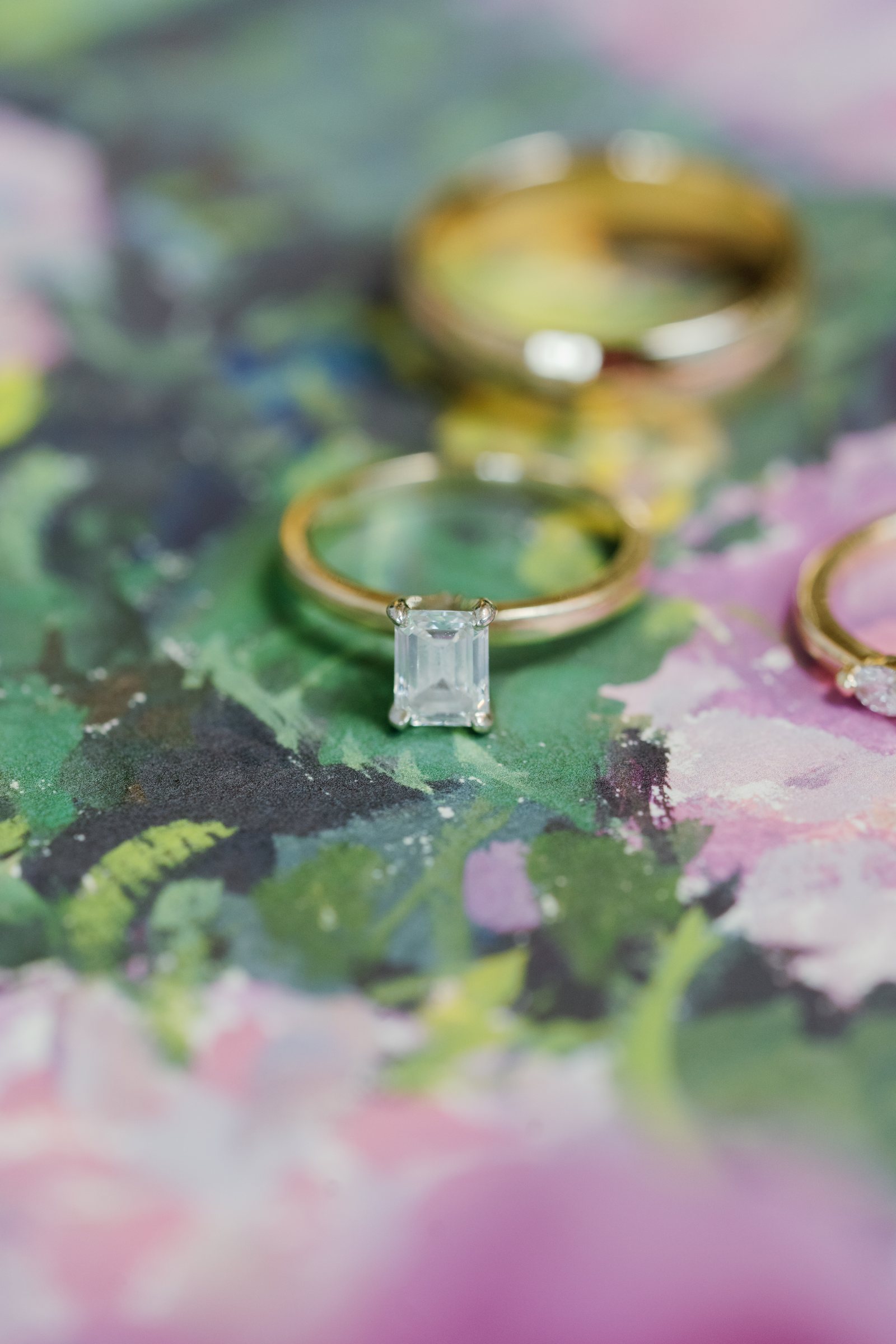 Kent and Nicolette wedding: wedding rings painted floral detail.