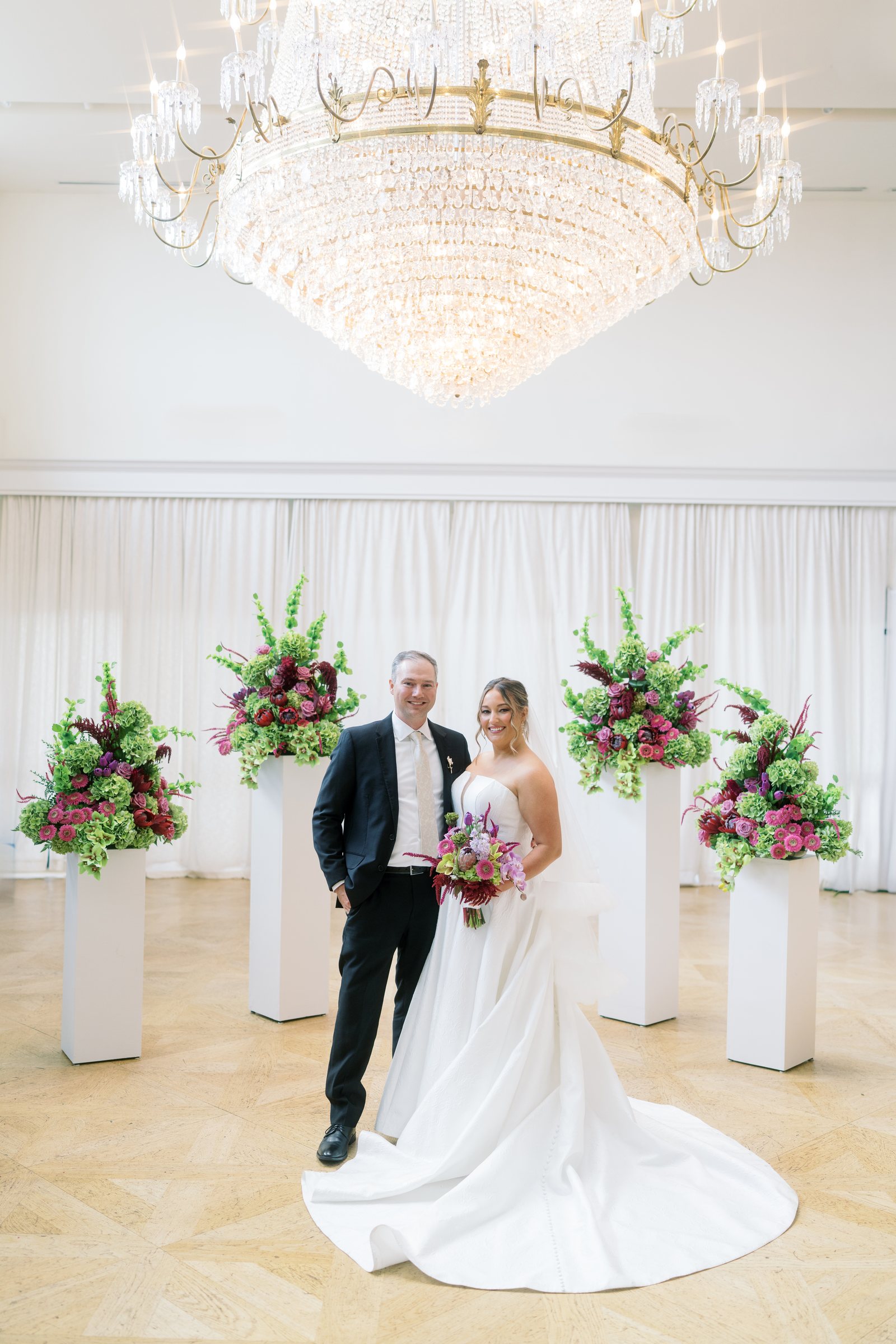 Kent and Nicolette wedding: kent nicolette ceremony chandelier portrait.