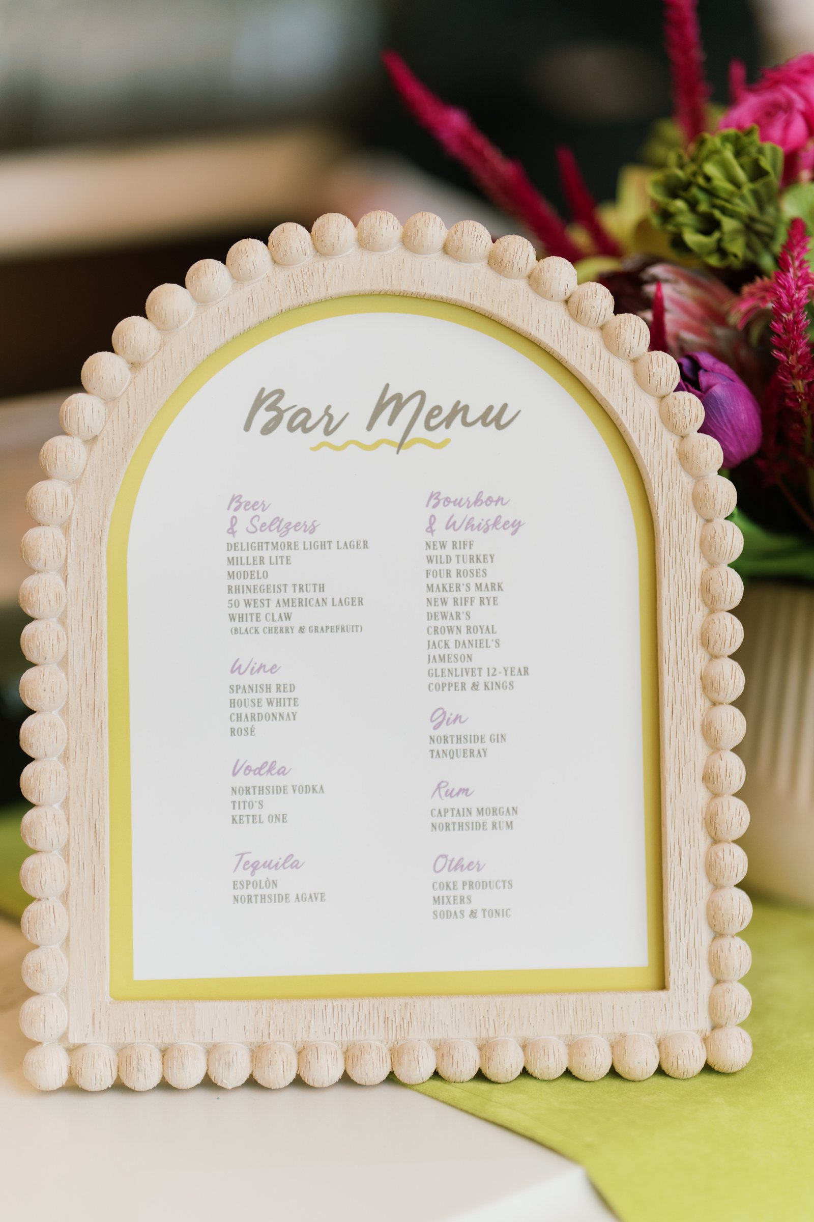 Kent and Nicolette wedding: reception menu framed floral.