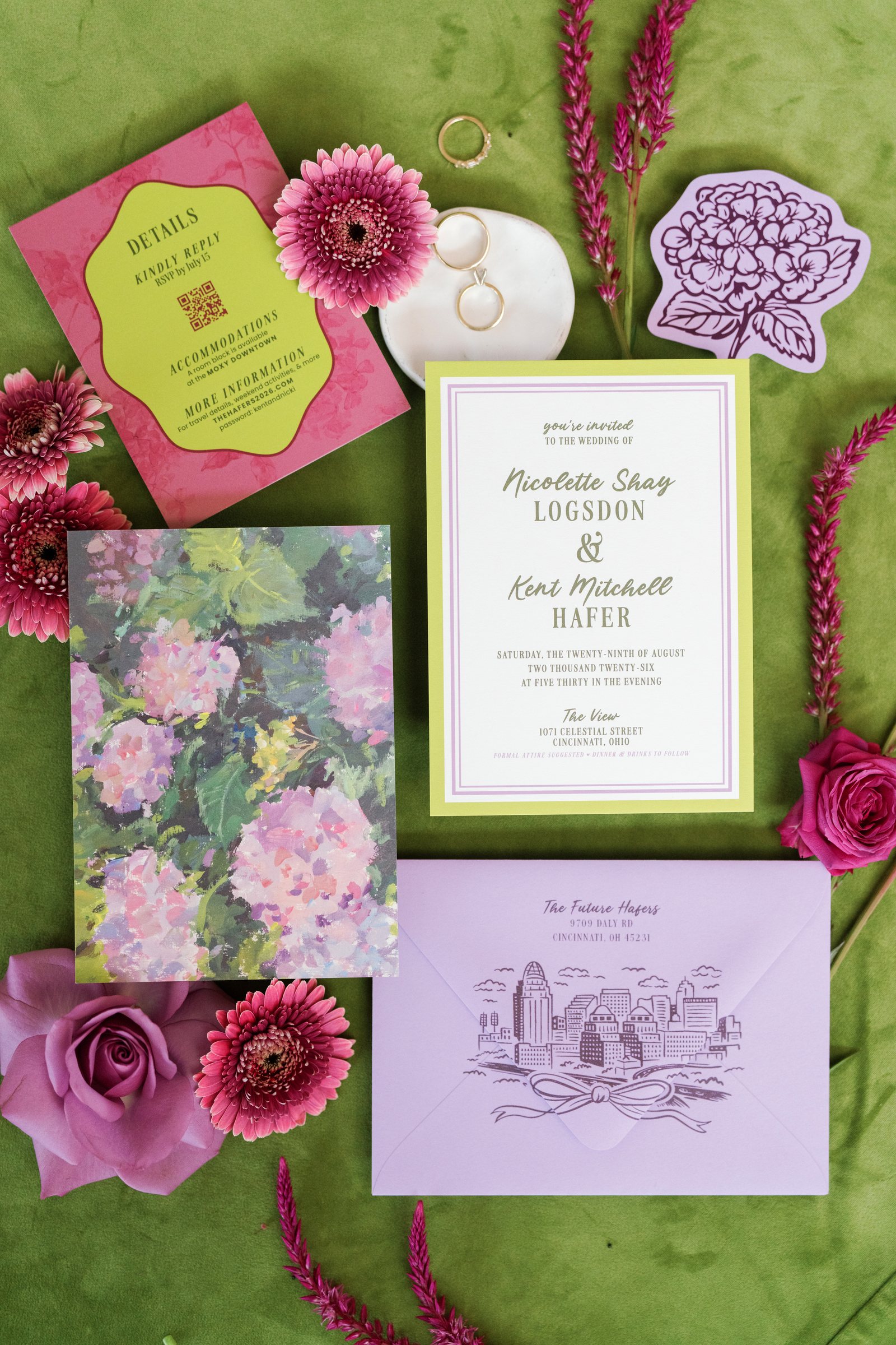 Colorful invitation suite and floral wedding stationery for Kent and Nicolette