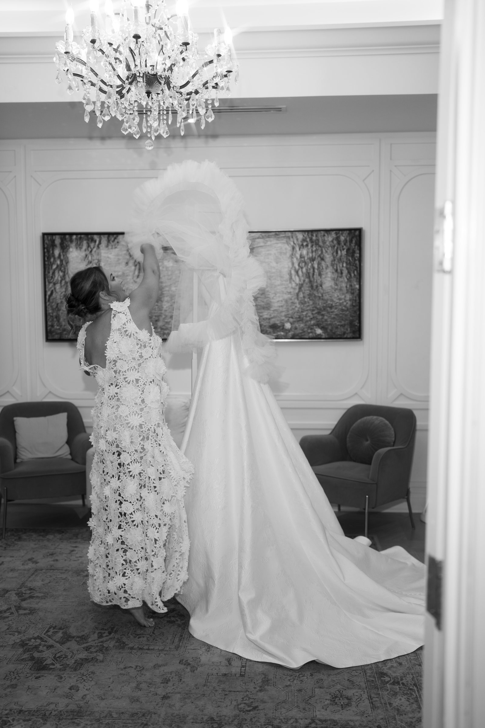 Kent and Nicolette wedding: nicolette wedding dress preparation black white.