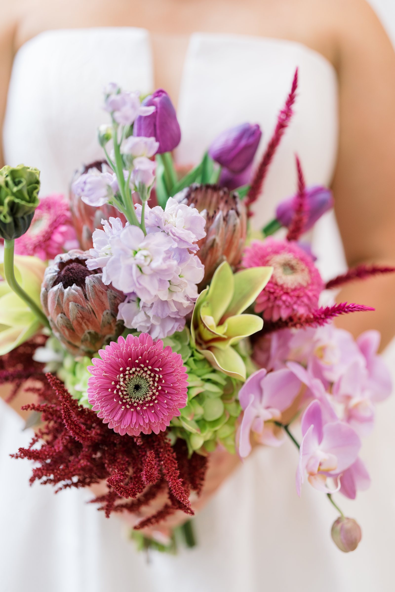 Kent and Nicolette wedding: colorful bridal bouquet closeup.