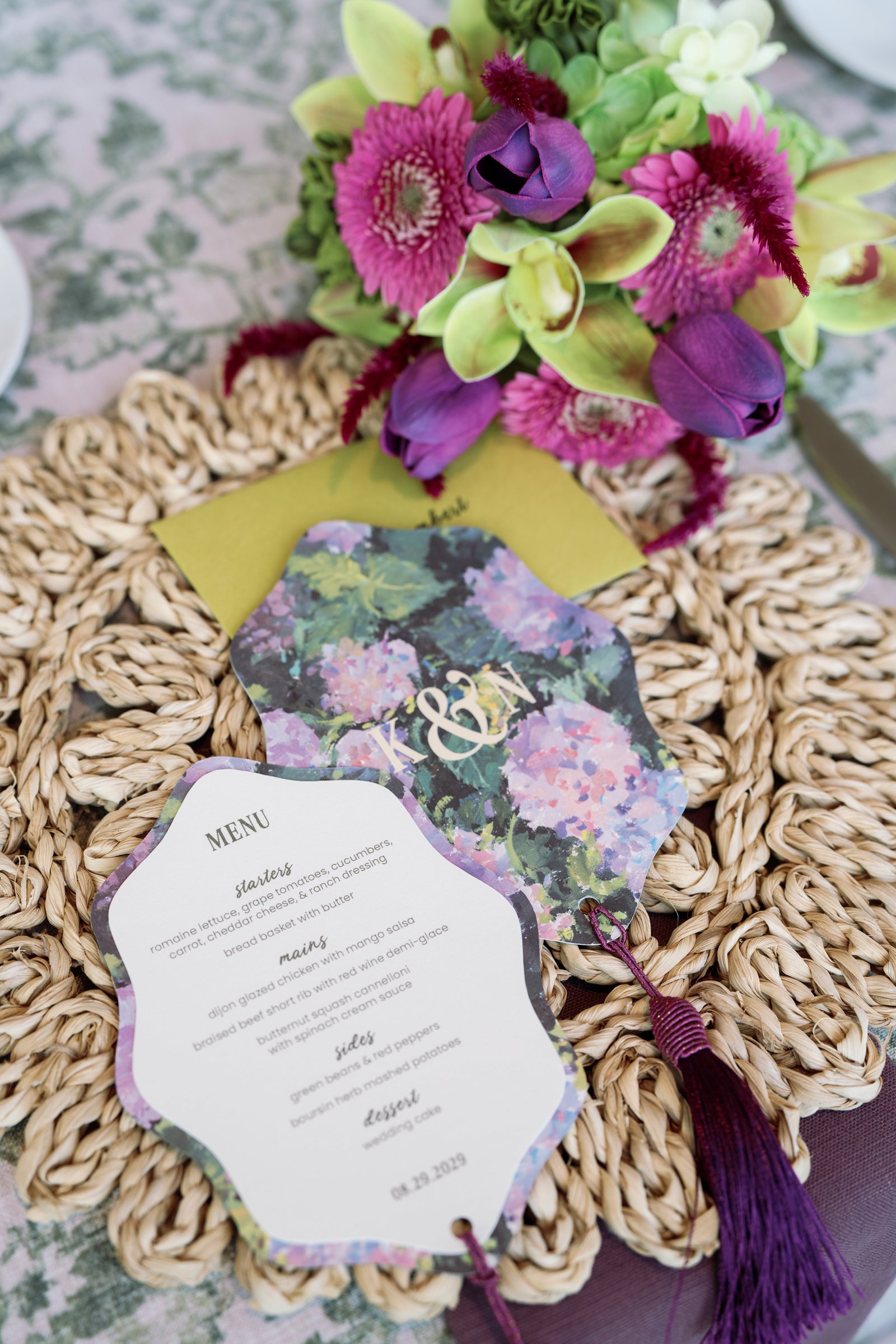 Kent and Nicolette wedding: reception menu floral flatlay.