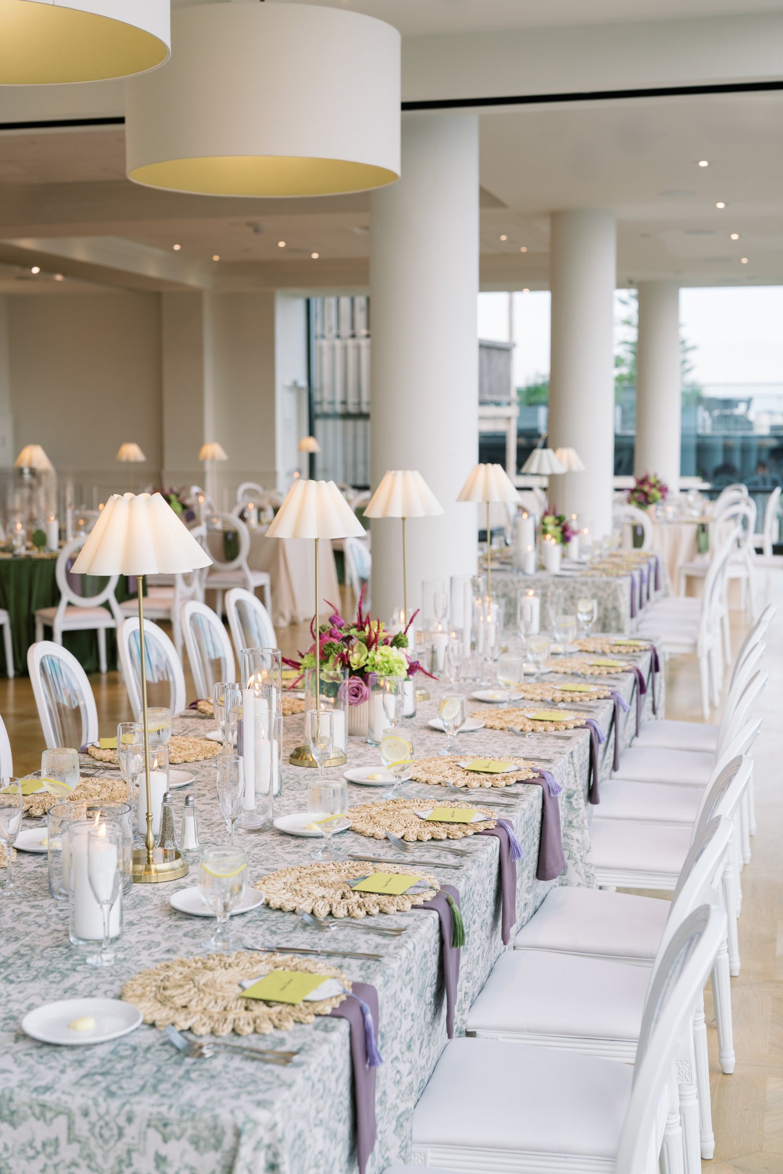 Kent and Nicolette wedding: long reception table lamps.