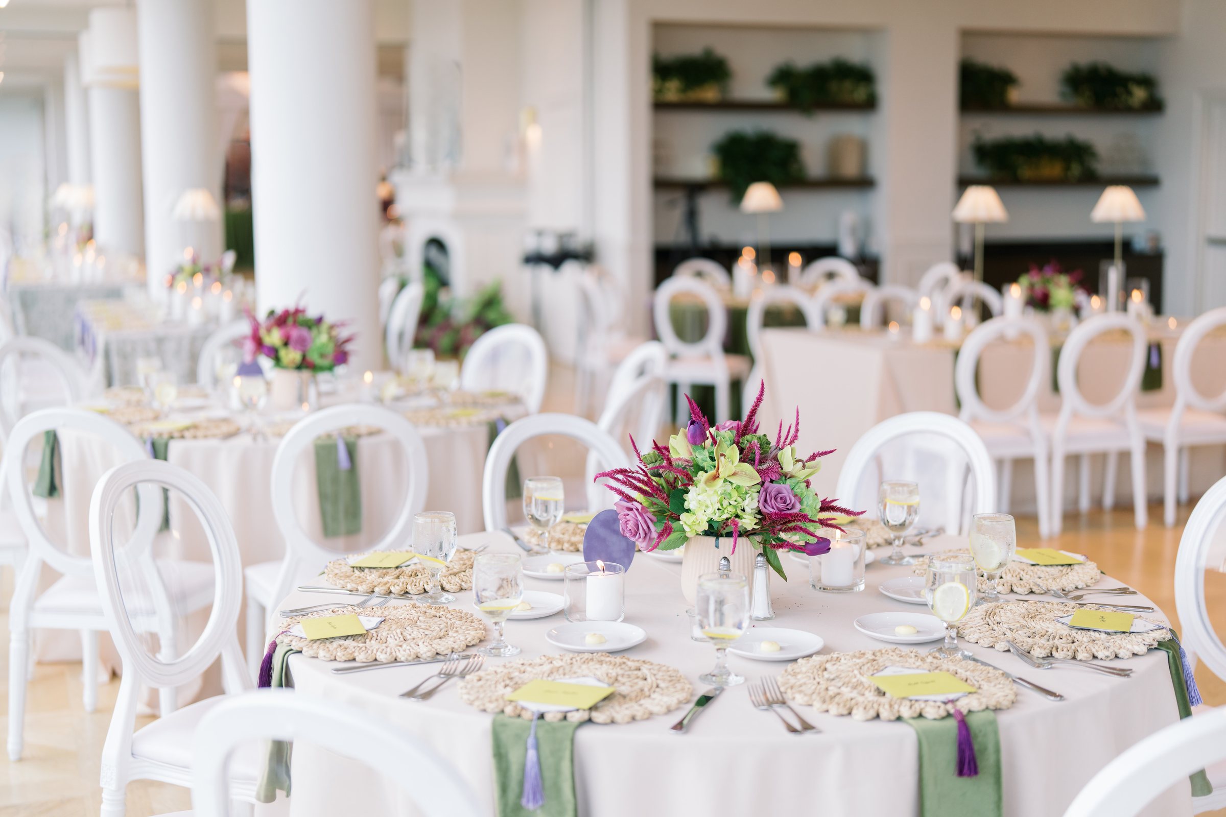 Wide view of the reception room and colorful tables at The View at Mt. Adams