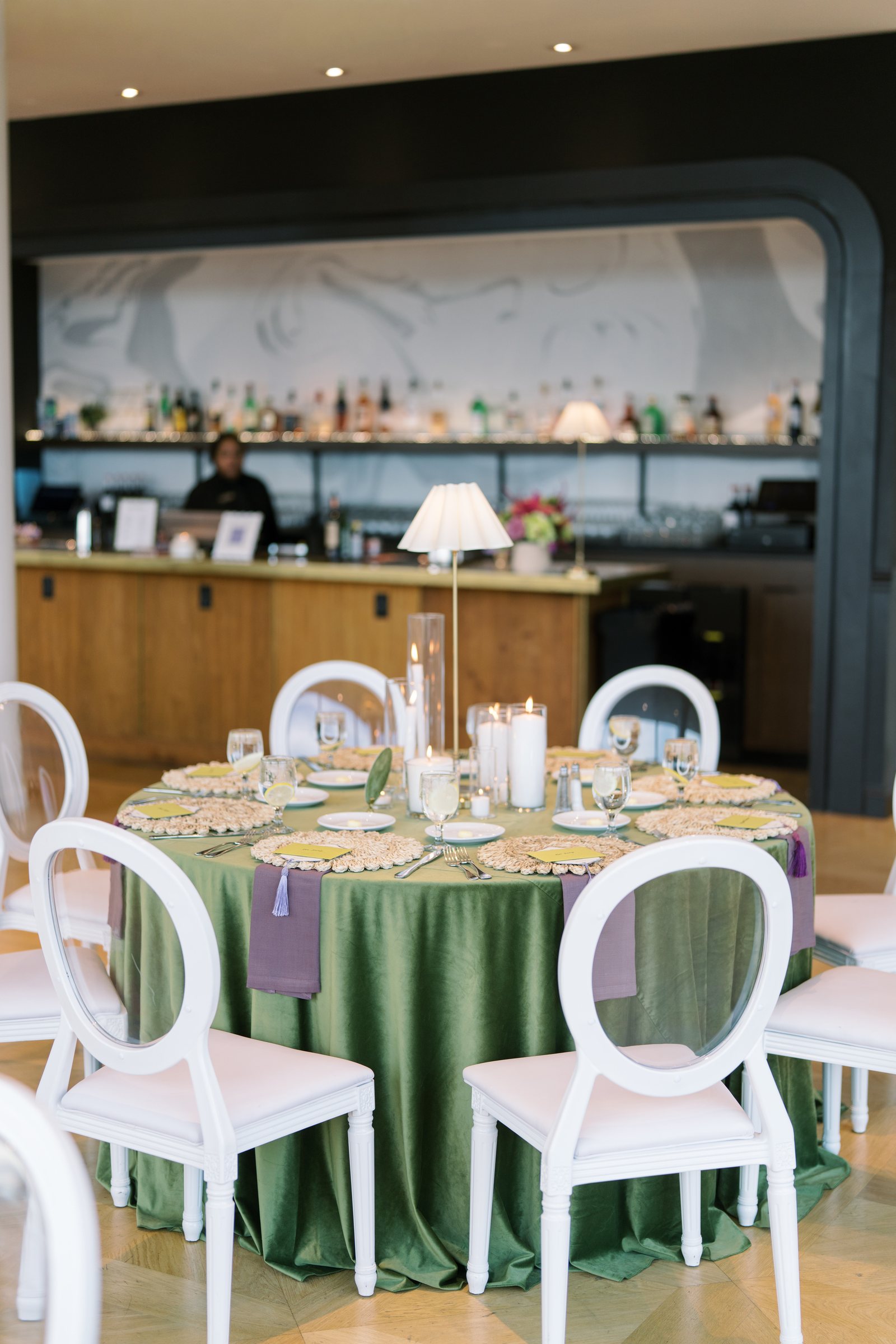 Kent and Nicolette wedding: green reception table bar.
