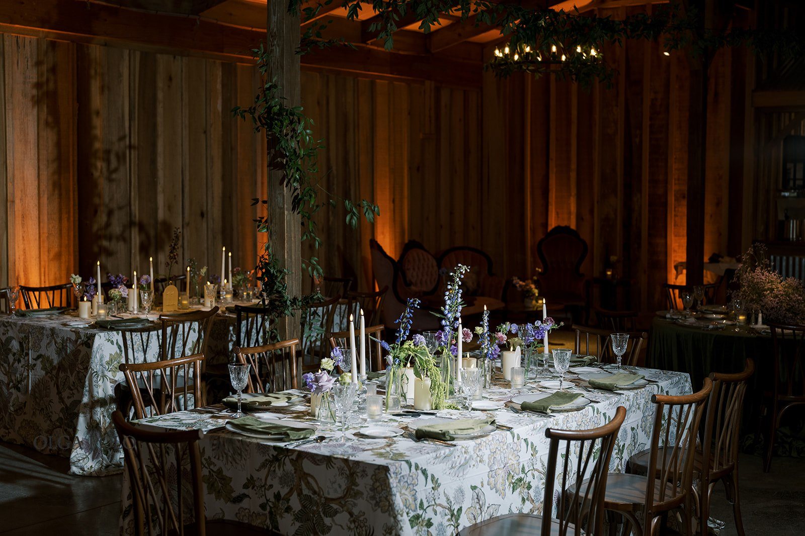 Boone Valley Farm reception room set for Maia and Troy's wedding