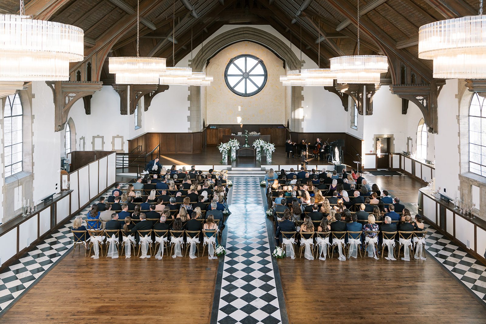 Wide view of Ronnie and Patrick's ceremony setup inside The Palomar Cincinnati
