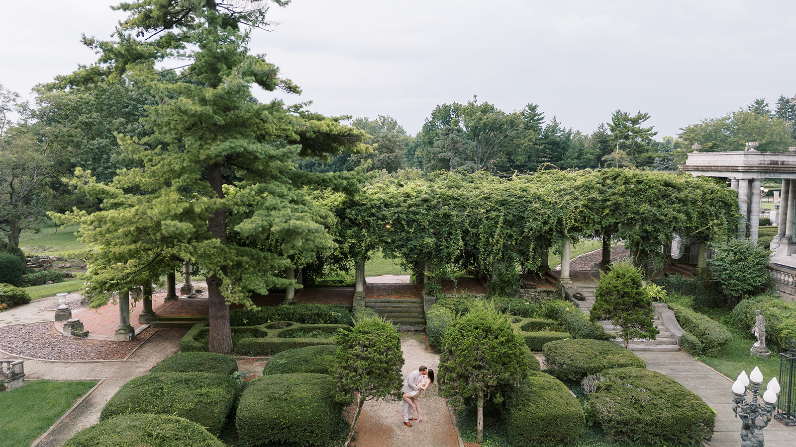 Aerial view across Laurel Court's formal gardens during Frank and Noelle's engagement session