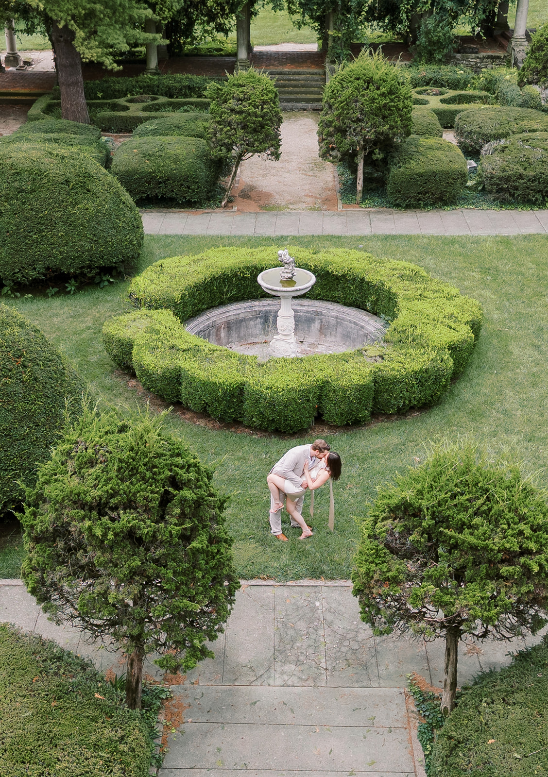 Aerial view of the fountain and clipped hedges in Laurel Court's formal garden