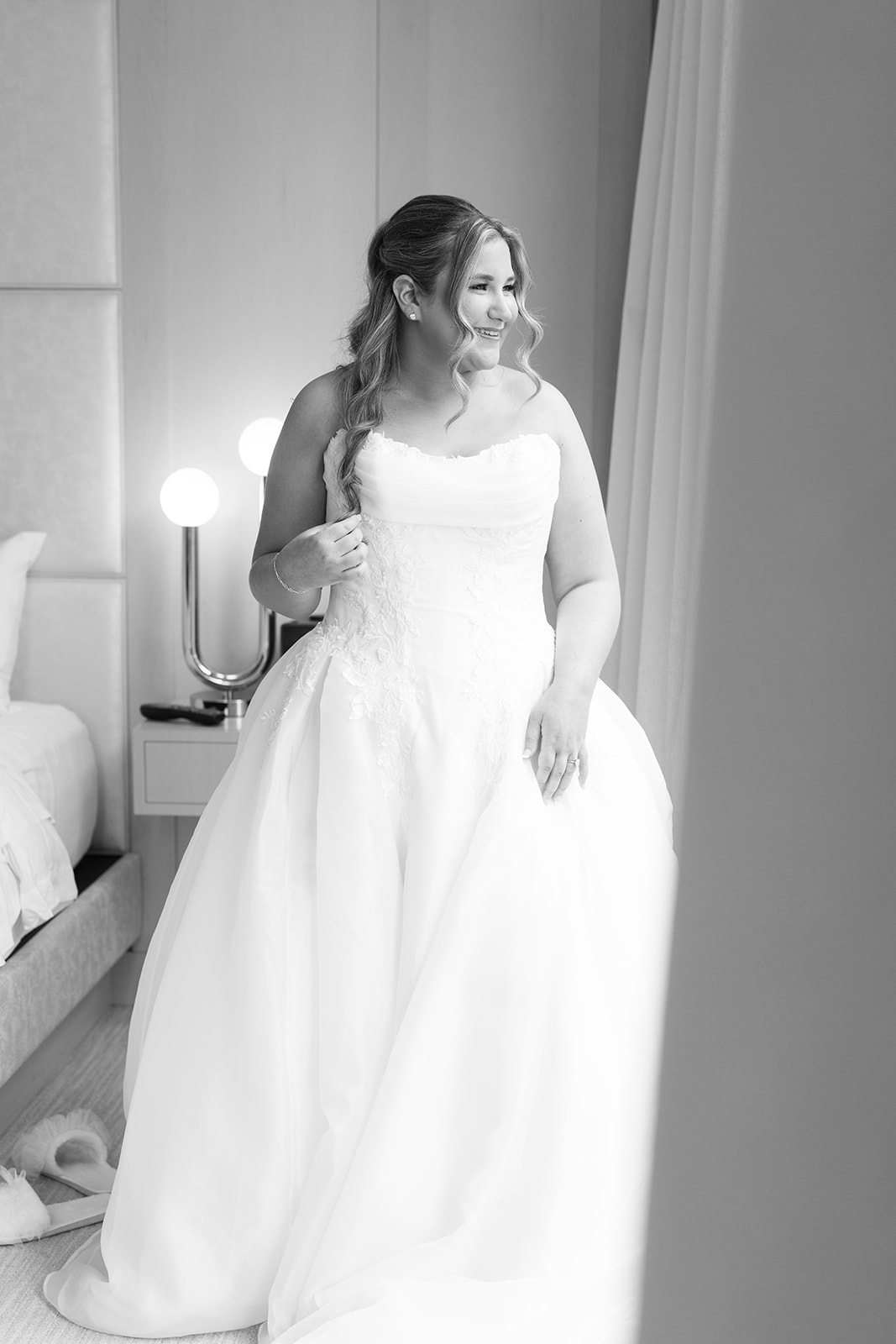 Black-and-white bridal portrait of Hannalee before the ceremony