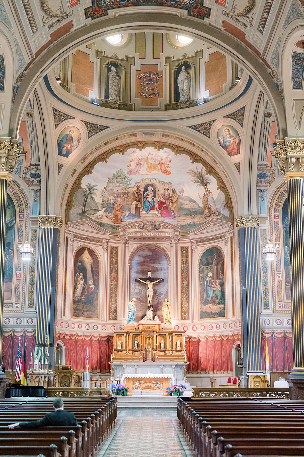 Wide view of the ornate interior of Mother of God Church before the ceremony