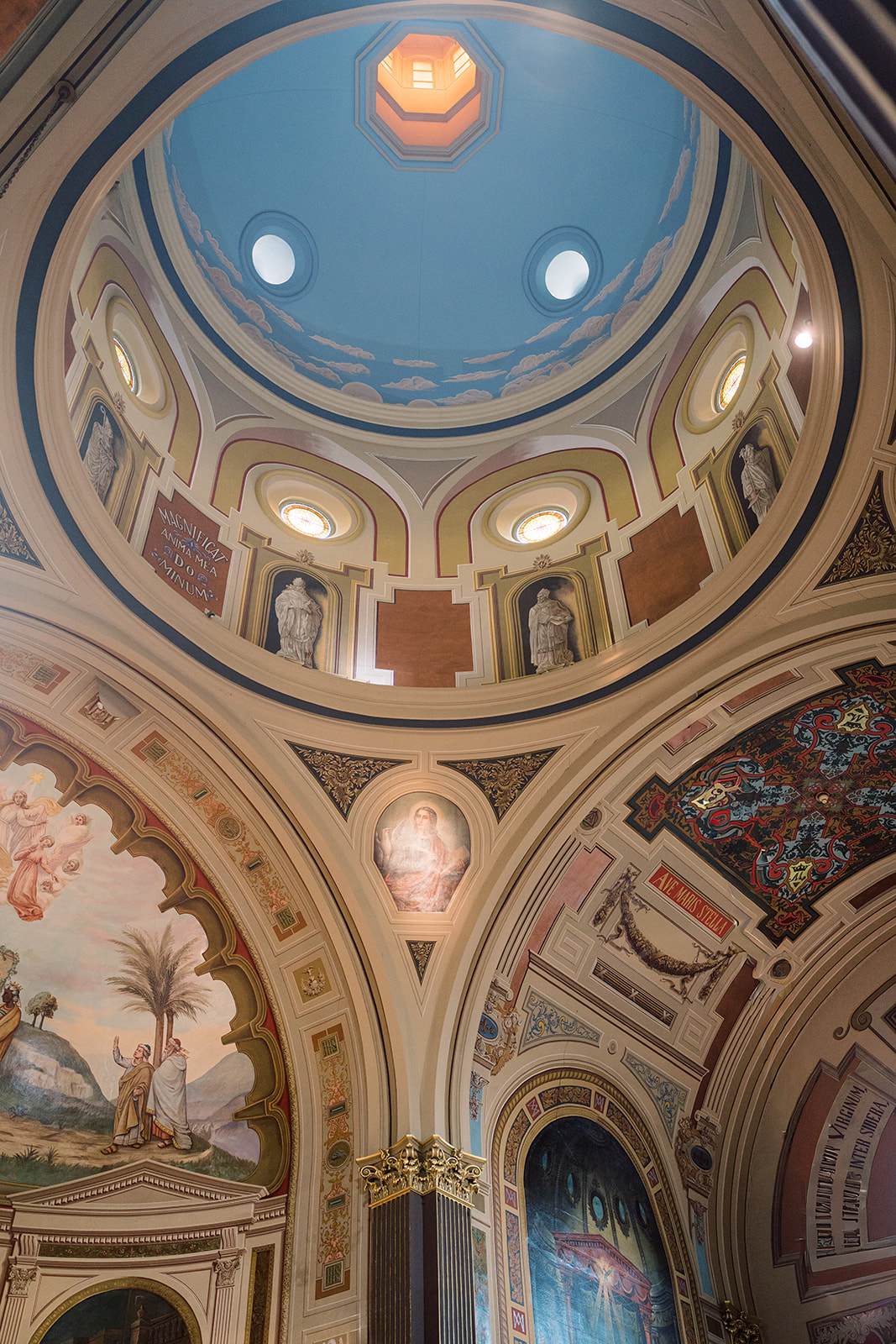 Blue painted dome and ceiling details inside Mother of God Church