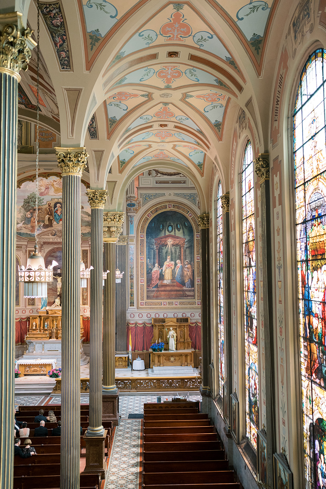 View through the arches and columns of Mother of God Church during the ceremony