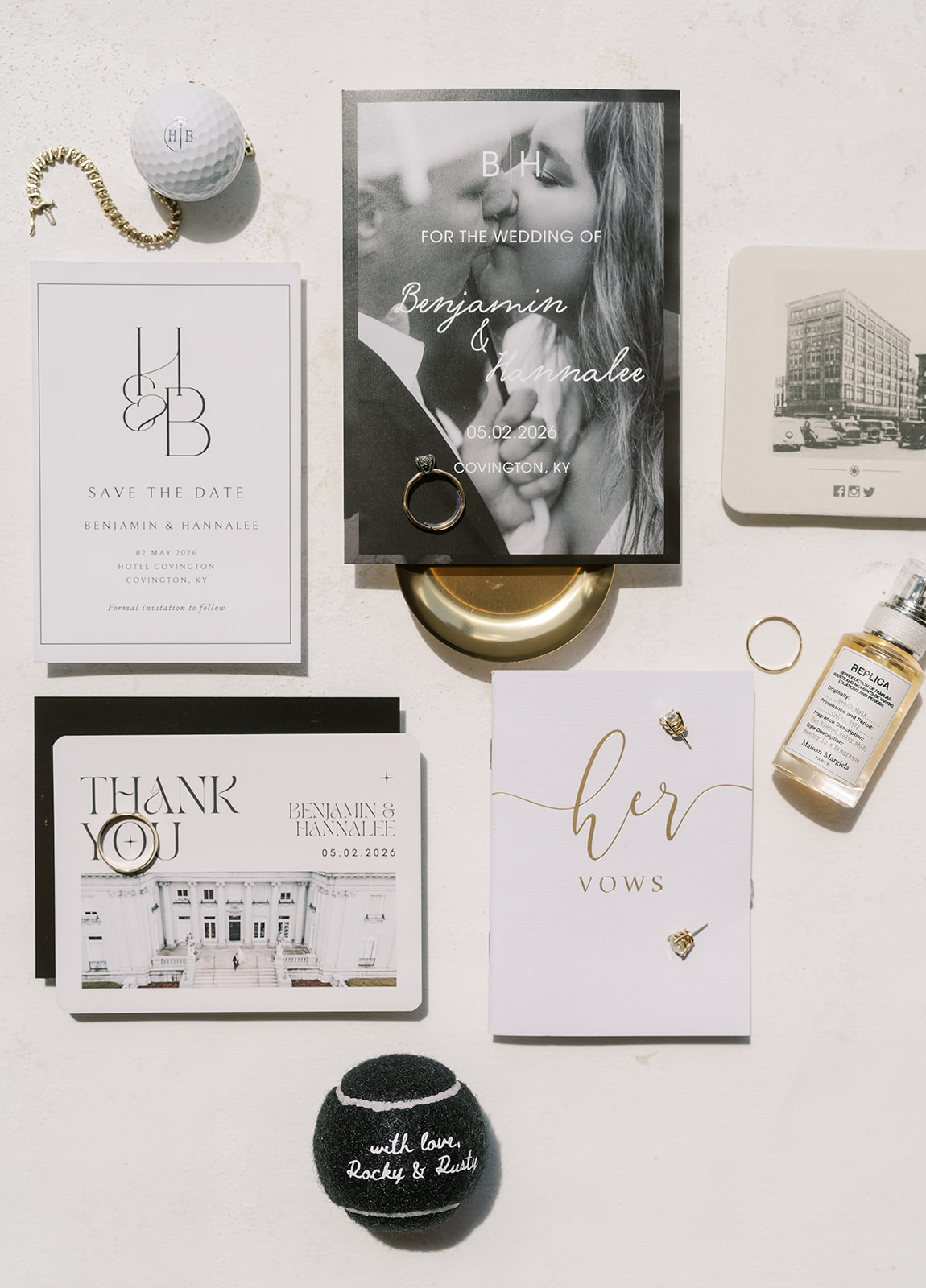 Ben and Hannalee's wedding stationery showing May 2, 2026 and Hotel Covington in Covington, Kentucky