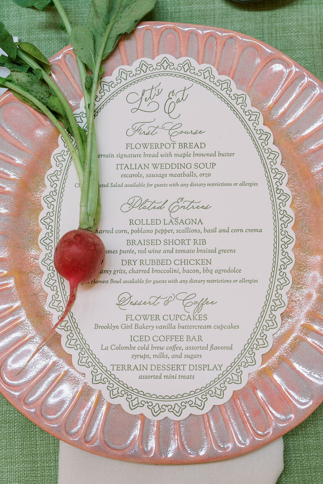 Dinner menu displayed on a pink glass plate