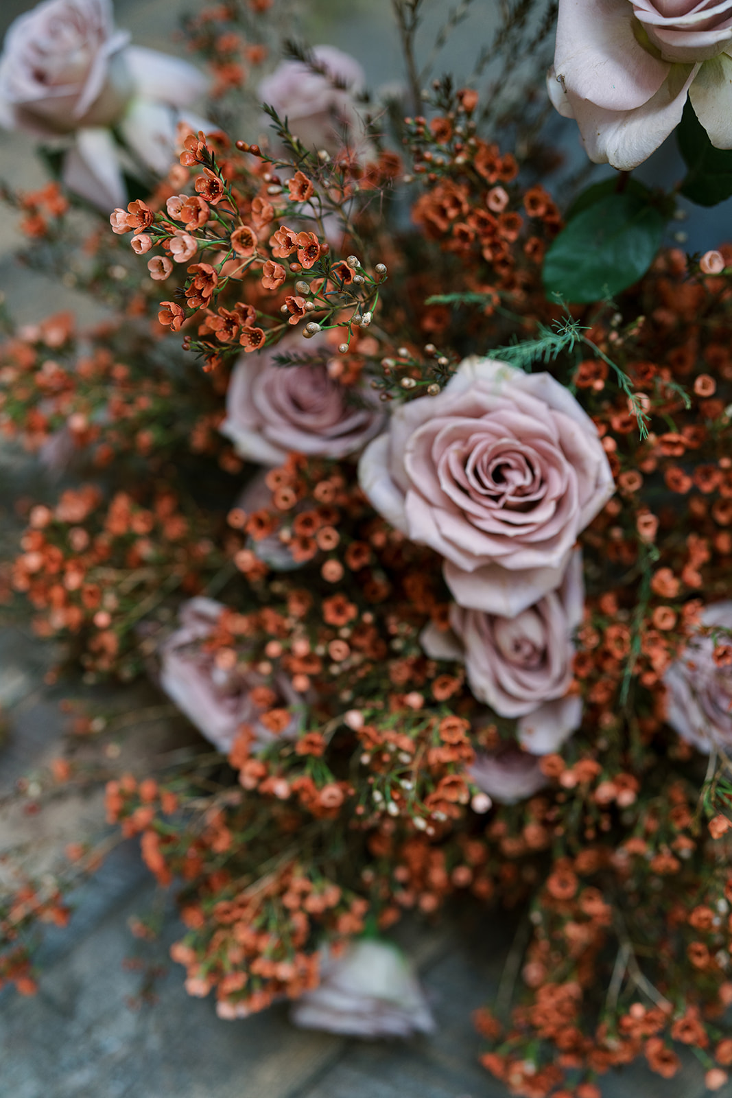 Mauve roses with small orange berry accents