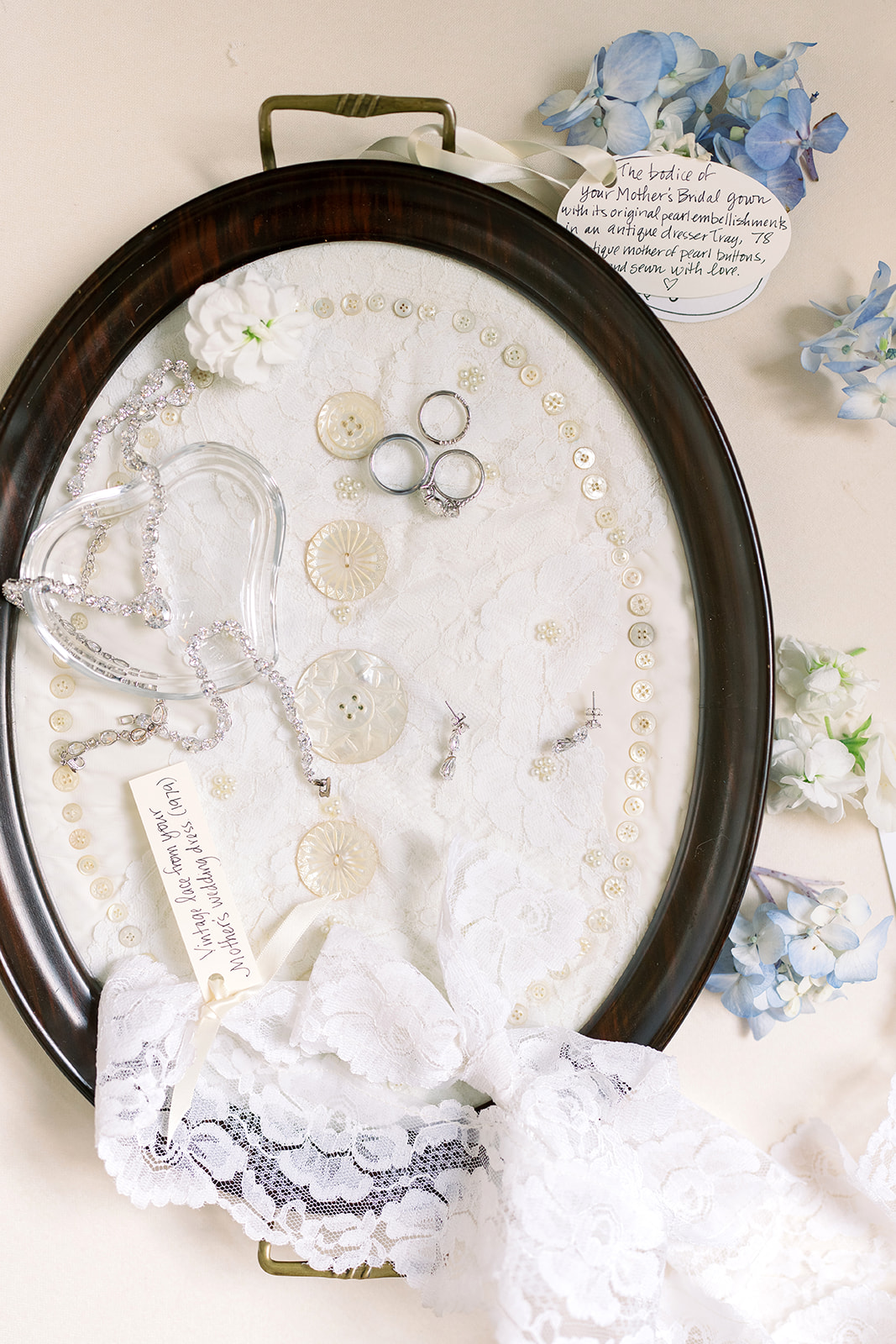 Caroline's bridal accessories and wedding details arranged before getting ready