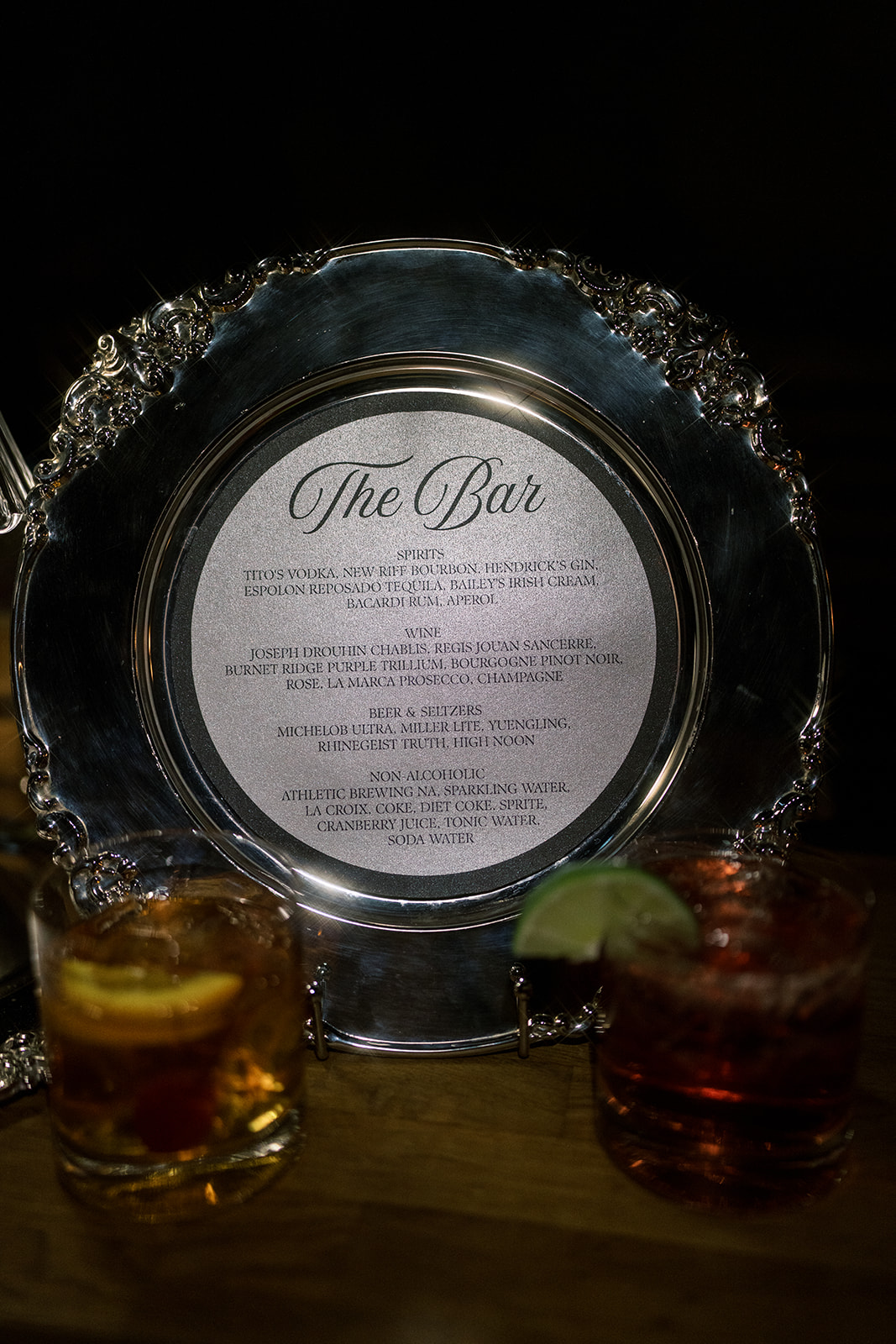 Framed bar menu displayed at Meghan and Kevin's reception