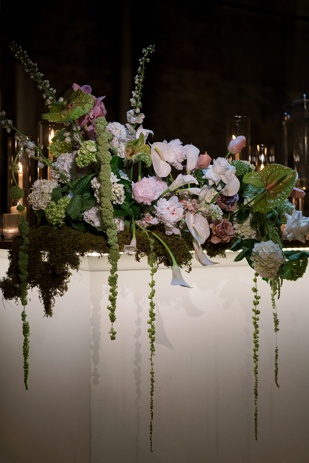 Floral installation above the illuminated bar at The Spot on West Fifth