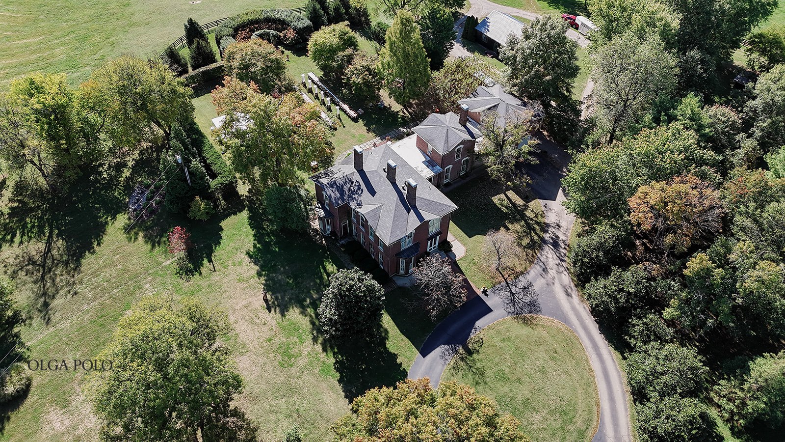 Aerial view of the historic house and grounds at Heartland of Versailles in Kentucky