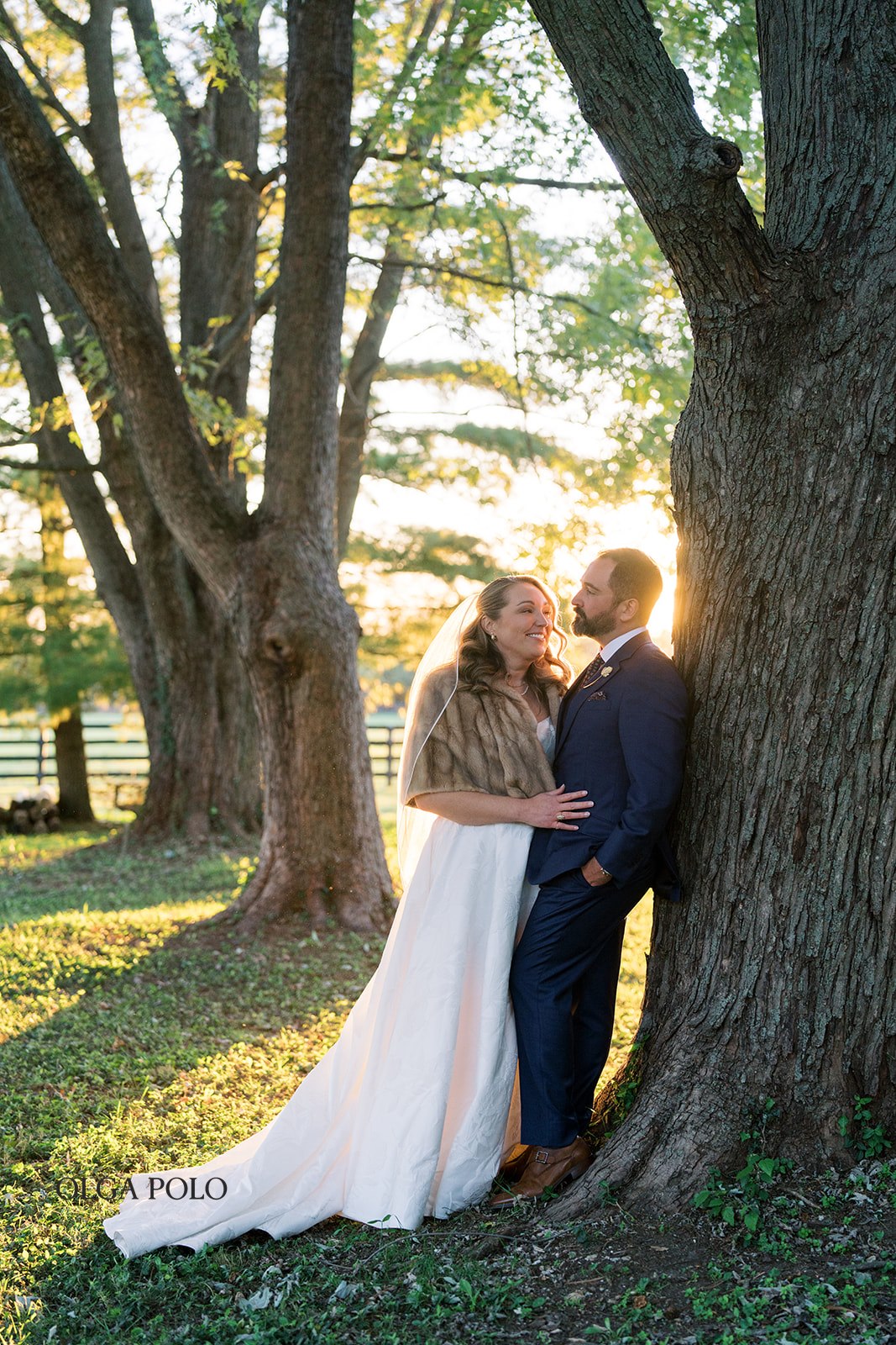 Ryan and Beth embracing beside a large tree in warm evening light