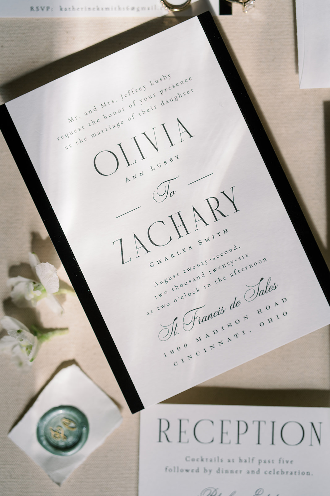 Wedding paper and invitation detail from Zach and Olivia's celebration
